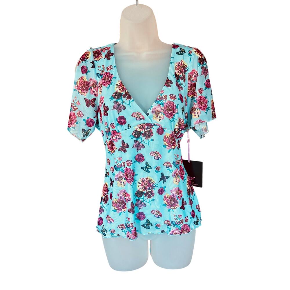 Betsey Johnson Mesh floral butterfly V Neck blouse milk maid style top sz XL JR
